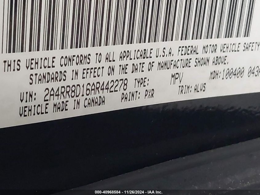 2010 Chrysler Town & Country Touring Plus VIN: 2A4RR8D16AR442278 Lot: 40968584