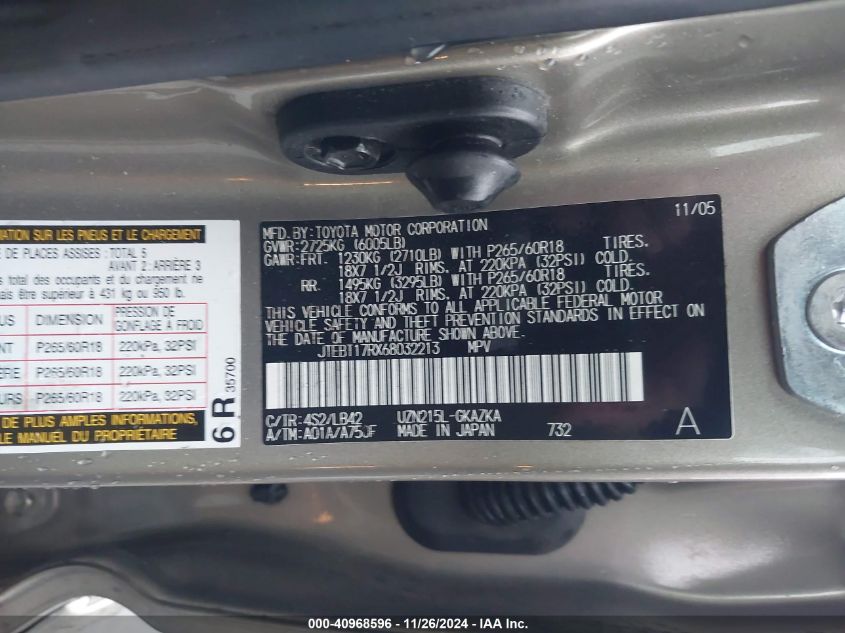 2006 Toyota 4Runner Limited V8 VIN: JTEBT17RX68032213 Lot: 40968596