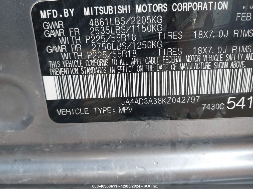 2019 Mitsubishi Outlander Se VIN: JA4AD3A38KZ042797 Lot: 40968611