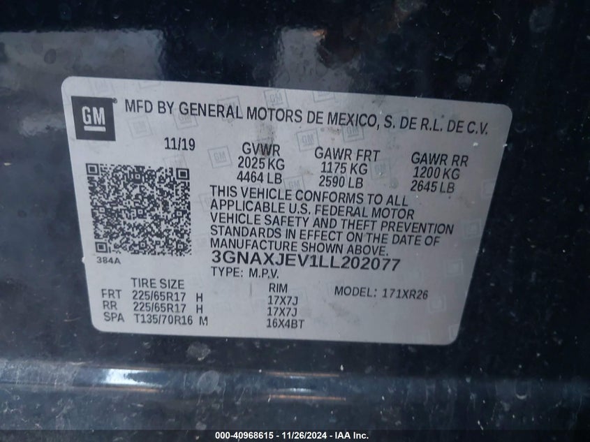 VIN 3GNAXJEV1LL202077 2020 CHEVROLET EQUINOX FWD 2FL