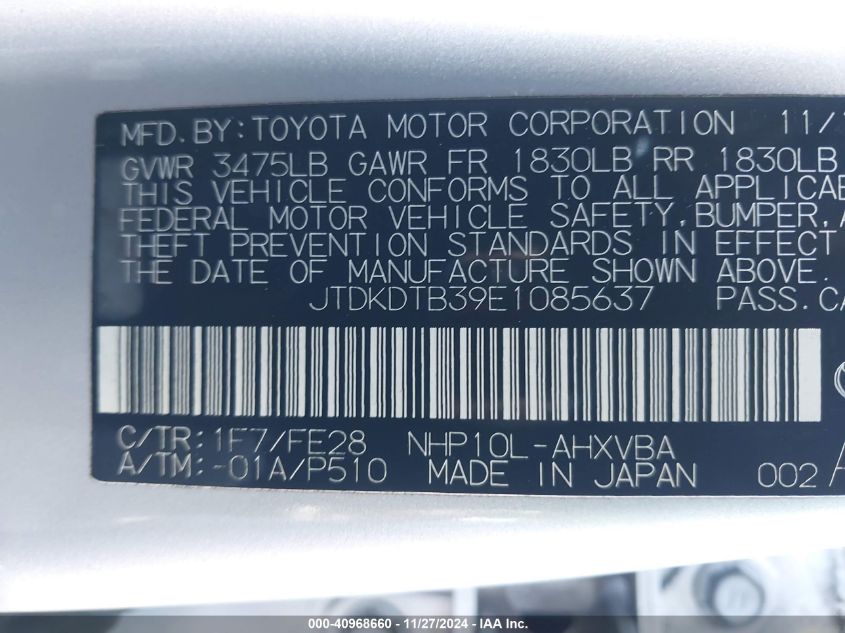 2014 Toyota Prius C One VIN: JTDKDTB39E1085637 Lot: 40968660