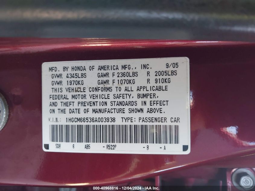 2006 Honda Accord 3.0 Ex VIN: 1HGCM66536A003938 Lot: 40968816