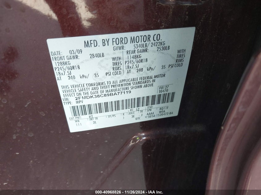 2009 Ford Edge Sel VIN: 2FMDK38C89BA77119 Lot: 40968826