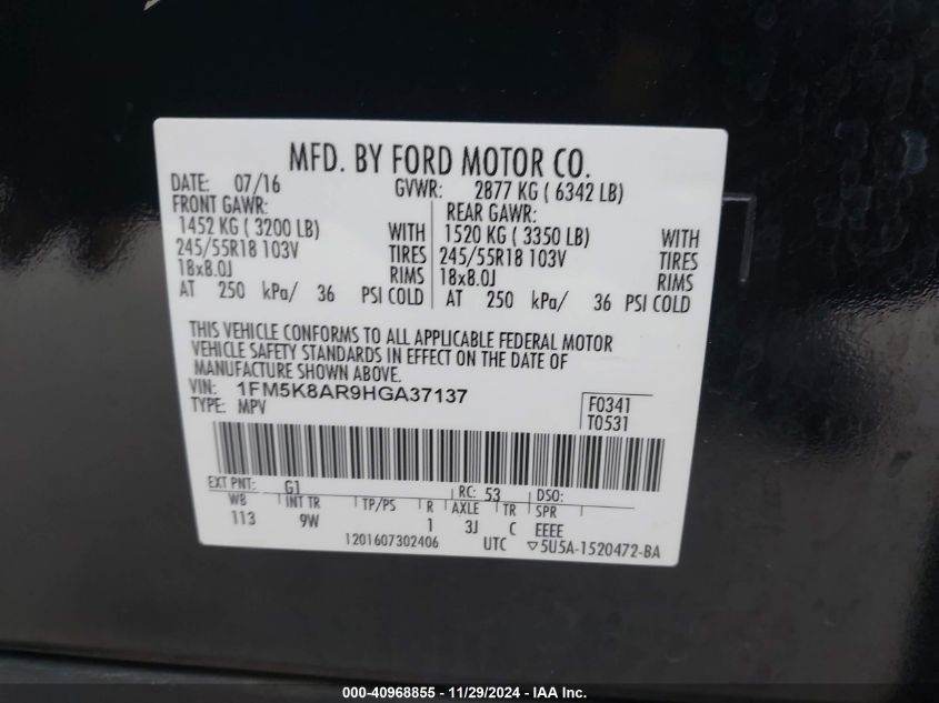 VIN 1FM5K8AR9HGA37137 2017 Ford Utility Police Inte... no.9