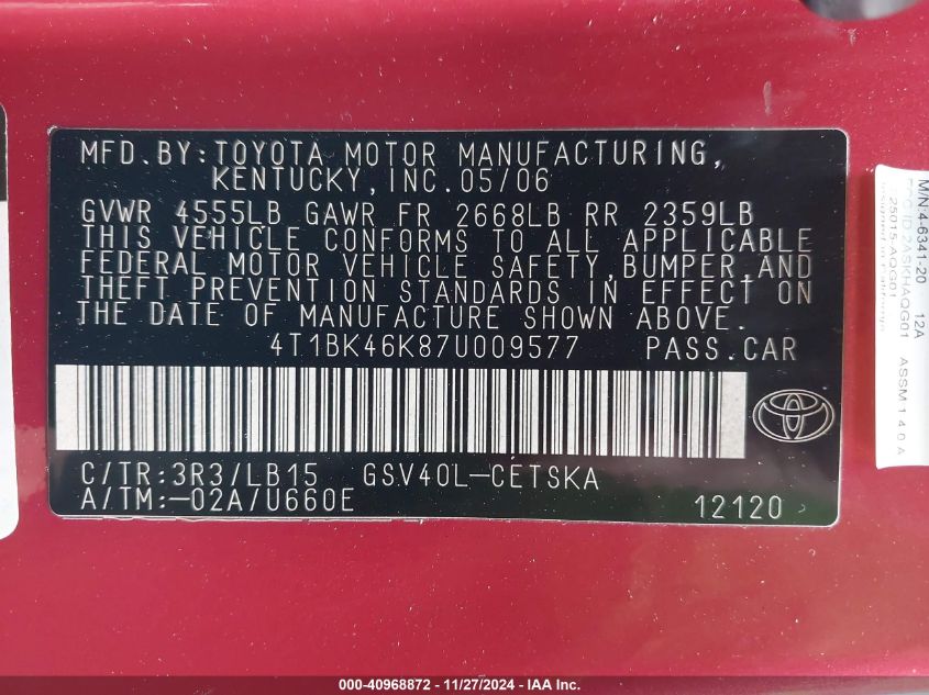 2007 Toyota Camry Se V6 VIN: 4T1BK46K87U009577 Lot: 40968872