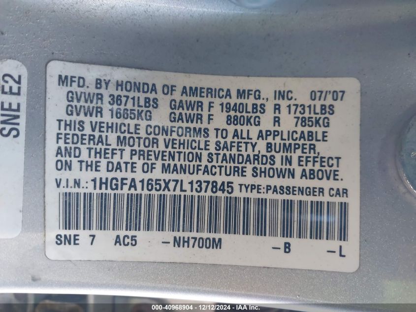 2007 Honda Civic Lx VIN: 1HGFA165X7L137845 Lot: 40968904