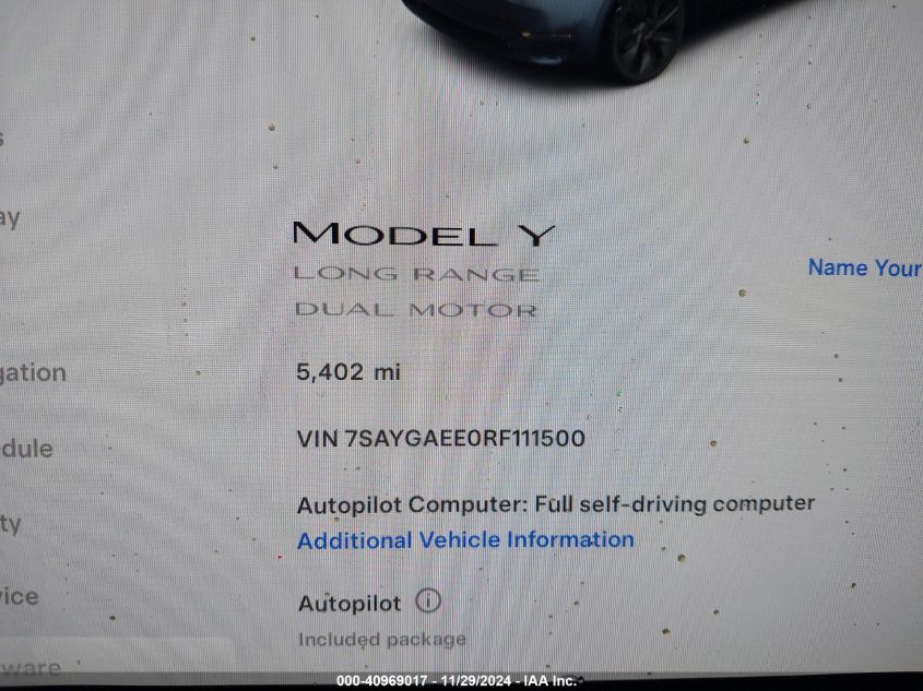 2024 Tesla Model Y Long Range Dual Motor All-Wheel Drive VIN: 7SAYGAEE0RF111500 Lot: 40969017