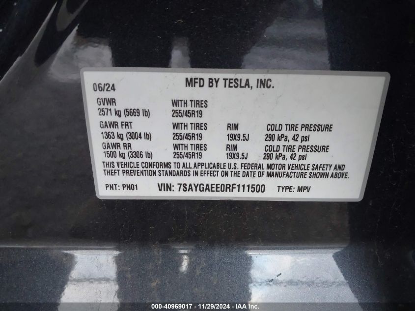 2024 Tesla Model Y Long Range Dual Motor All-Wheel Drive VIN: 7SAYGAEE0RF111500 Lot: 40969017