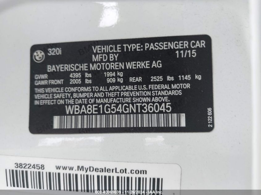 VIN WBA8E1G54GNT36045 2016 BMW 3 Series, 320I no.9