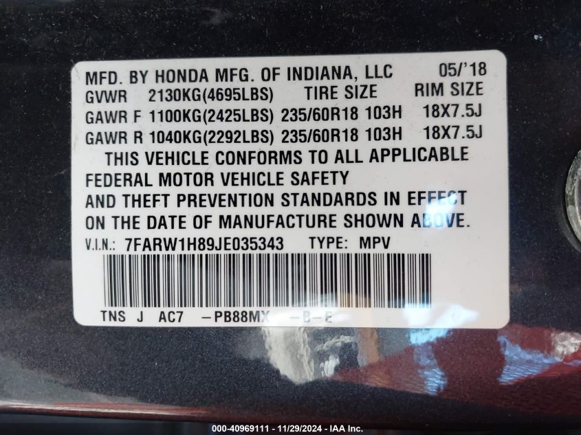 VIN 7FARW1H89JE035343 2018 Honda CR-V, Ex-L/Ex-L Navi no.9