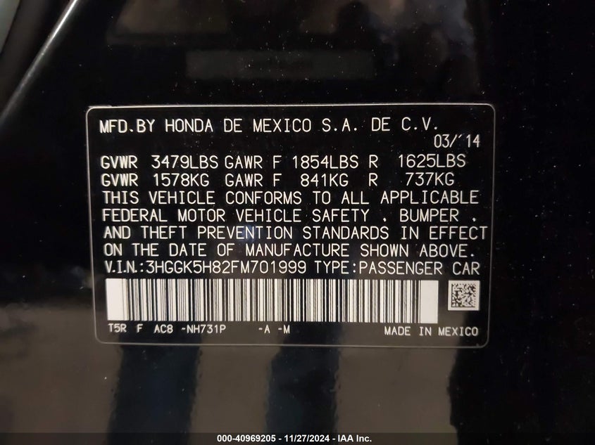 2015 HONDA FIT VIN: 3HGGK5H82FM701999