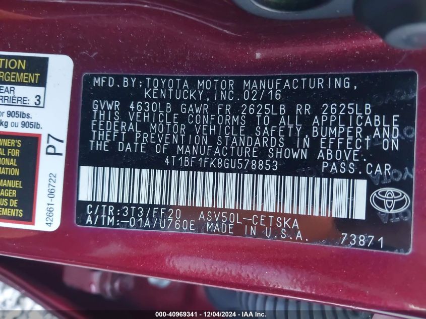 VIN 4T1BF1FK8GU578853 2016 Toyota Camry, SE no.9