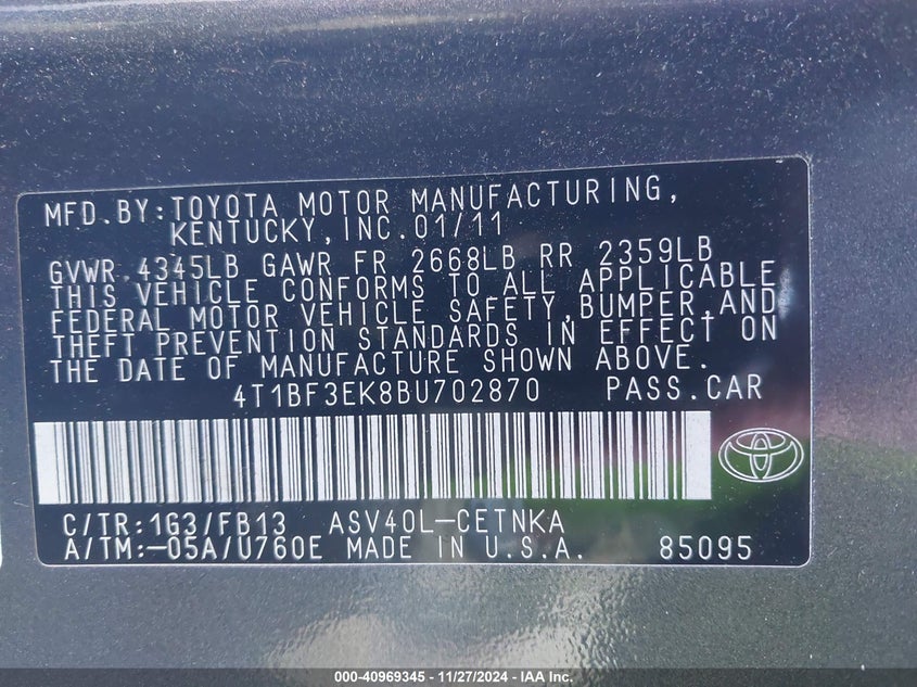 2011 TOYOTA CAMRY VIN: 4T1BF3EK8BU702870