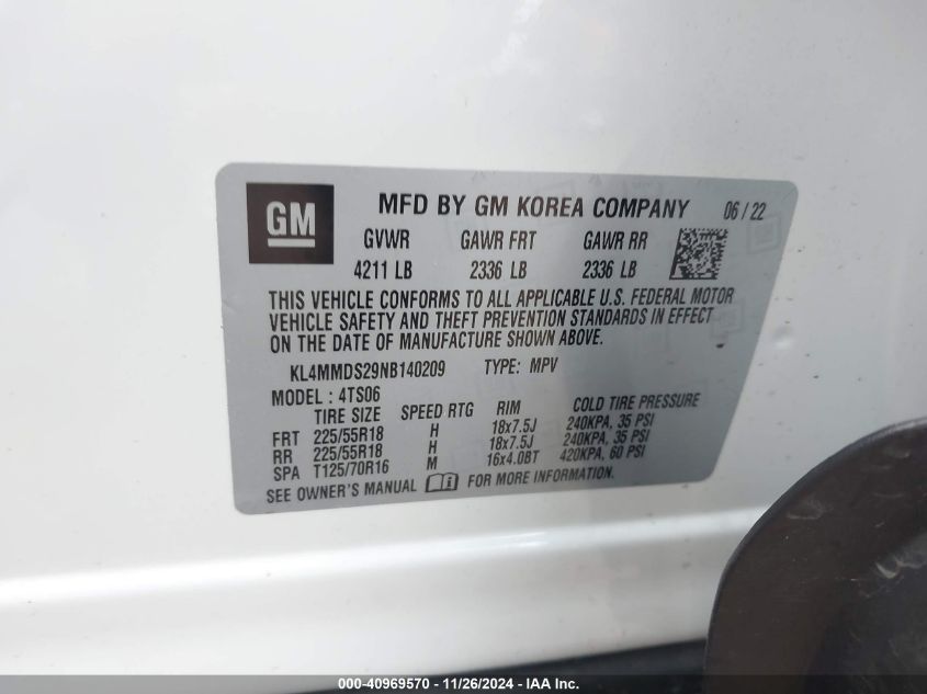 2022 Buick Encore Gx Fwd Select VIN: KL4MMDS29NB140209 Lot: 40969570