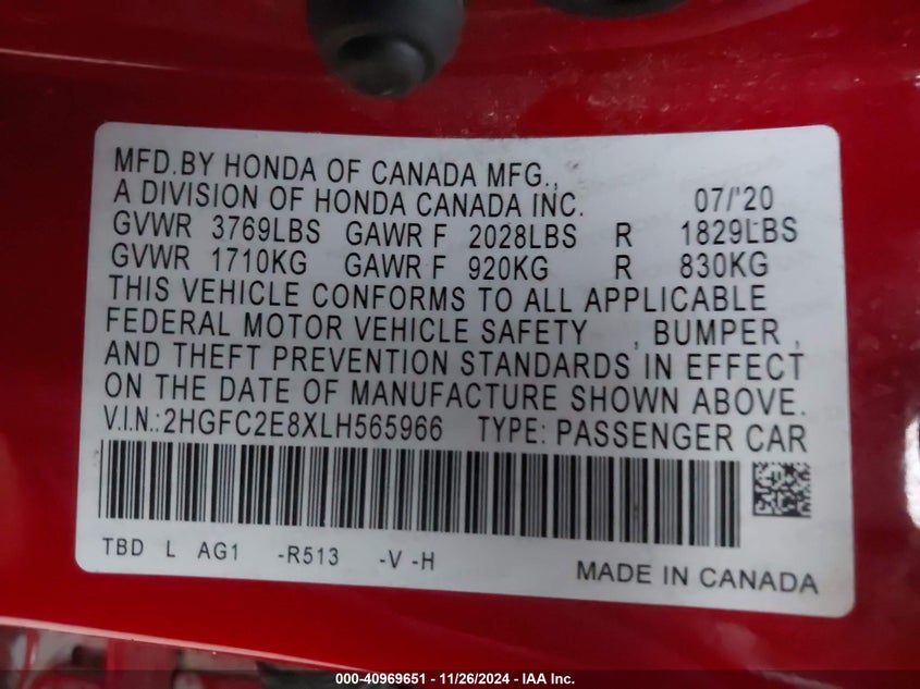2020 HONDA CIVIC VIN: 2HGFC2E8XLH565966