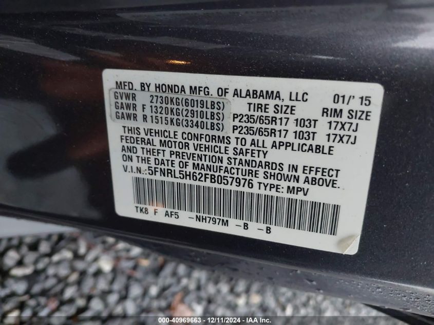 VIN 5FNRL5H62FB057976 2015 Honda Odyssey, Ex-L no.9