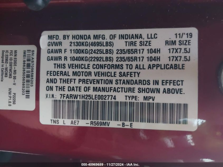 2020 Honda Cr-V 2Wd Lx VIN: 7FARW1H25LE002774 Lot: 40969689