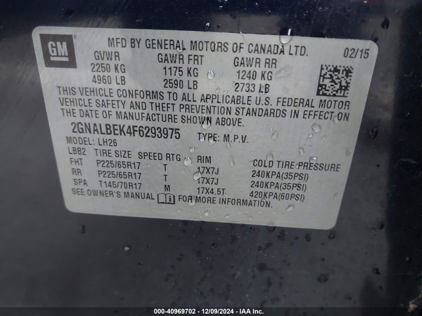 2015 Chevrolet Equinox VIN: 2TNALBEK9F6293975 Lot: 40969702