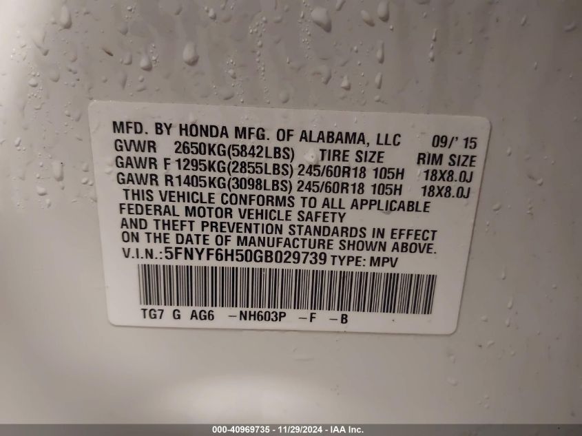 VIN 5FNYF6H50GB029739 2016 Honda Pilot, Ex-L no.9