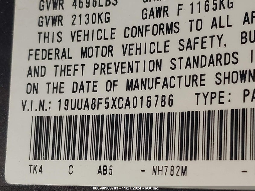 2012 ACURA TL VIN: 19UUA8F5XCA016786