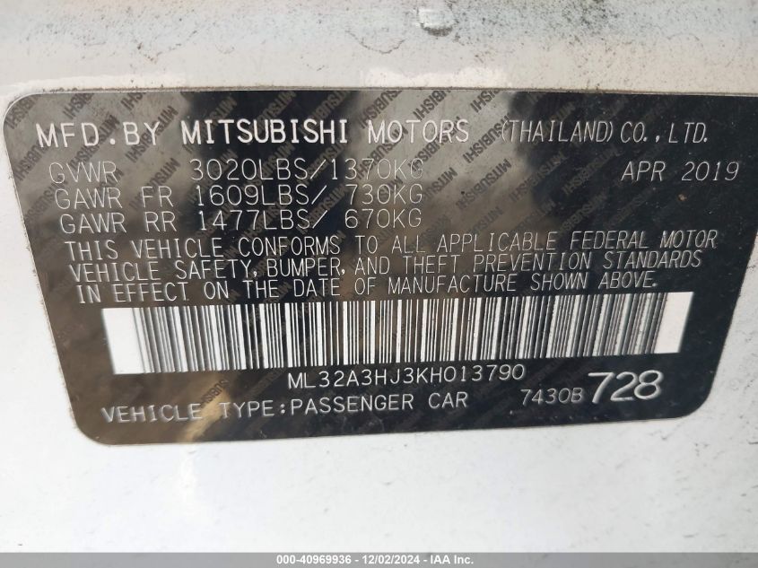 VIN ML32A3HJ3KH013790 2019 Mitsubishi Mirage, Es/Rf no.9