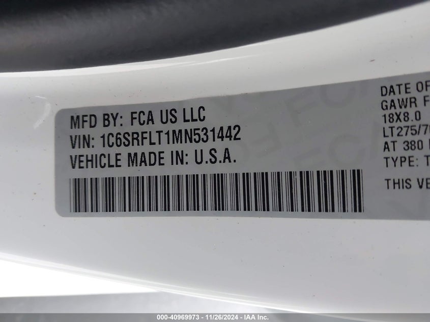 2021 RAM 1500 VIN: 1C6SRFLT1MN531442