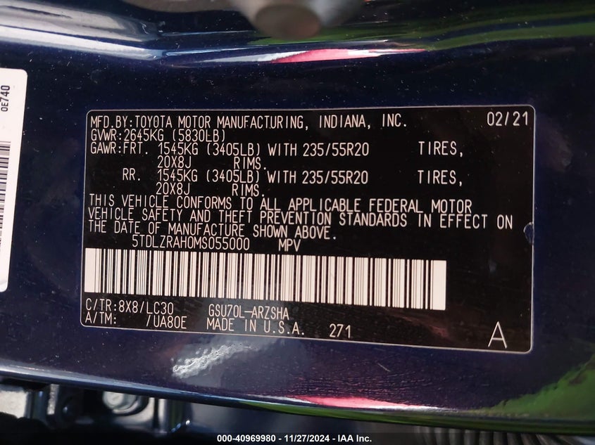 VIN 5TDLZRAH0MS055000 2021 TOYOTA HIGHLANDER XSE