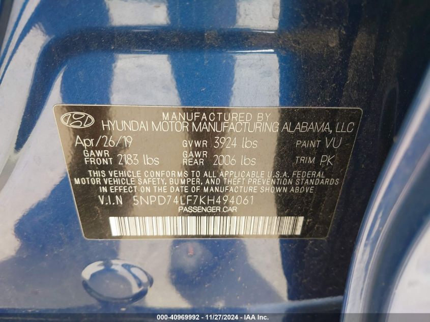 VIN 5NPD74LF7KH494061 2019 Hyundai Elantra, SE no.9