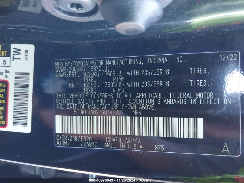 2023 TOYOTA HIGHLANDER(VIN: 5TDKDRAH2PS014608