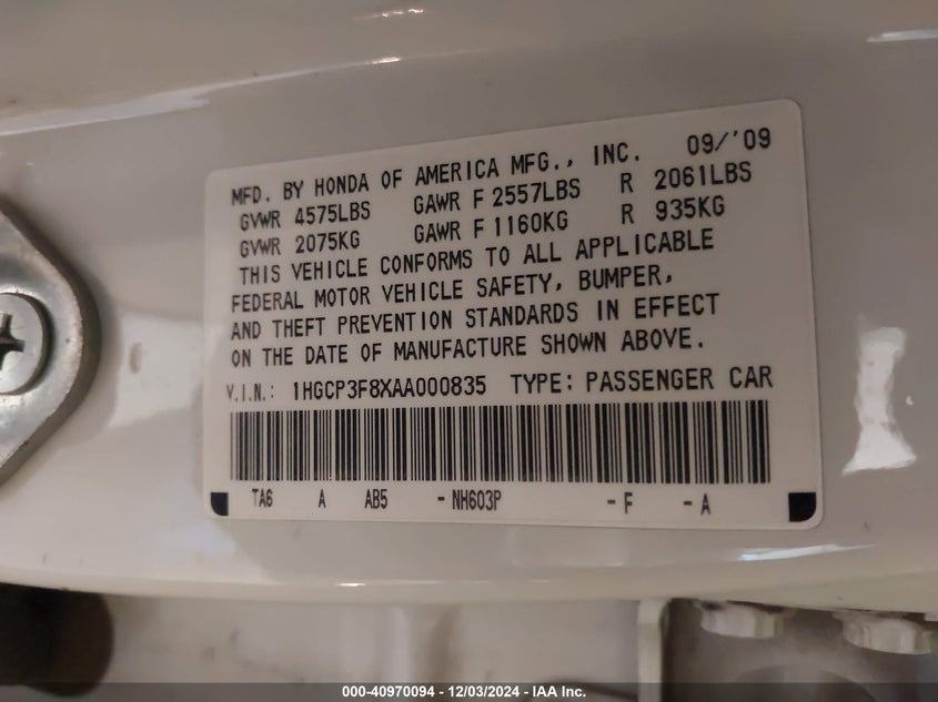 2010 HONDA ACCORD VIN: 1HGCP3F8XAA000835