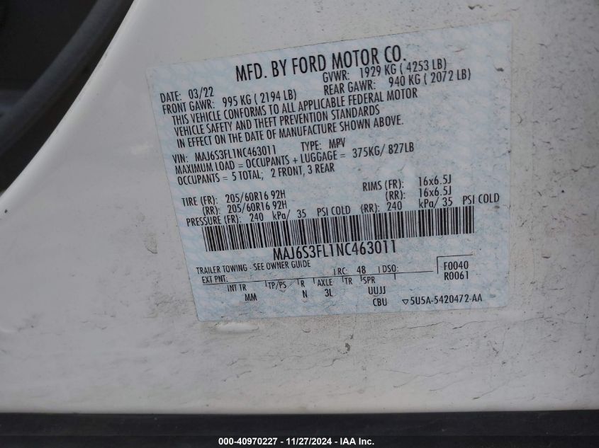 2022 Ford Ecosport S VIN: MAJ6S3FL1NC463011 Lot: 40970227