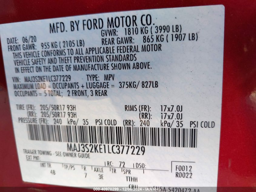 VIN MAJ3S2KE1LC377229 2020 Ford Ecosport, Titanium no.9