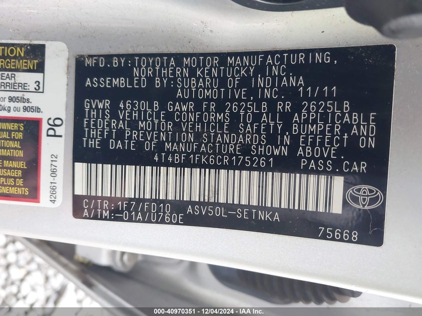 2012 TOYOTA CAMRY VIN: 4T4BF1FK6CR175261