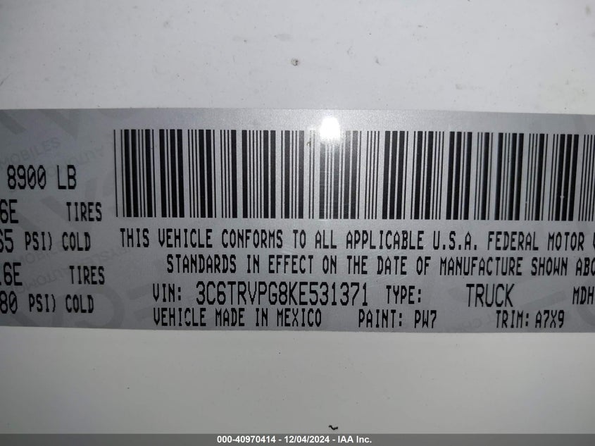 2019 Ram Promaster 2500 Window Van High Roof 159 Wb VIN: 3C6TRVPG8KE531371 Lot: 40970414