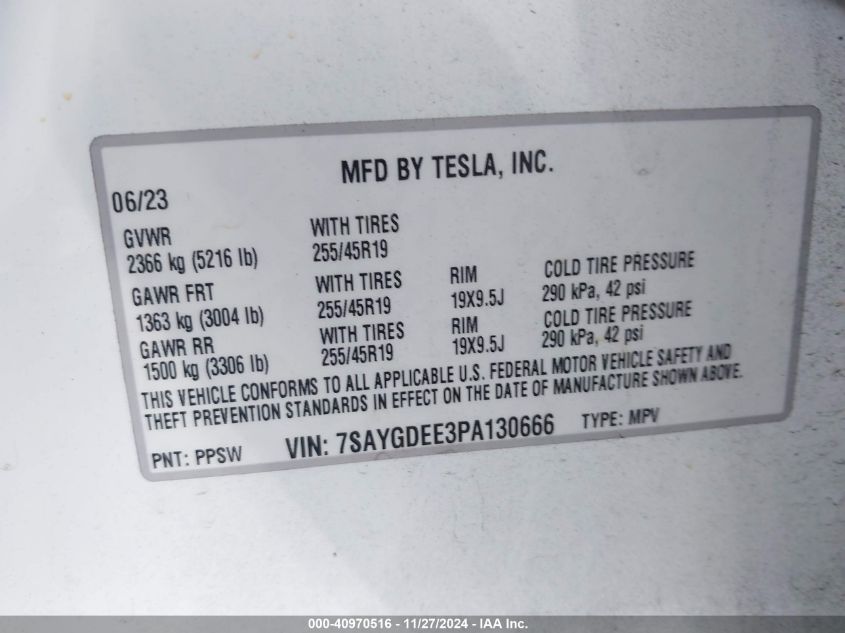 2023 Tesla Model Y Awd/Long Range Dual Motor All-Wheel Drive VIN: 7SAYGDEE3PA130666 Lot: 40970516