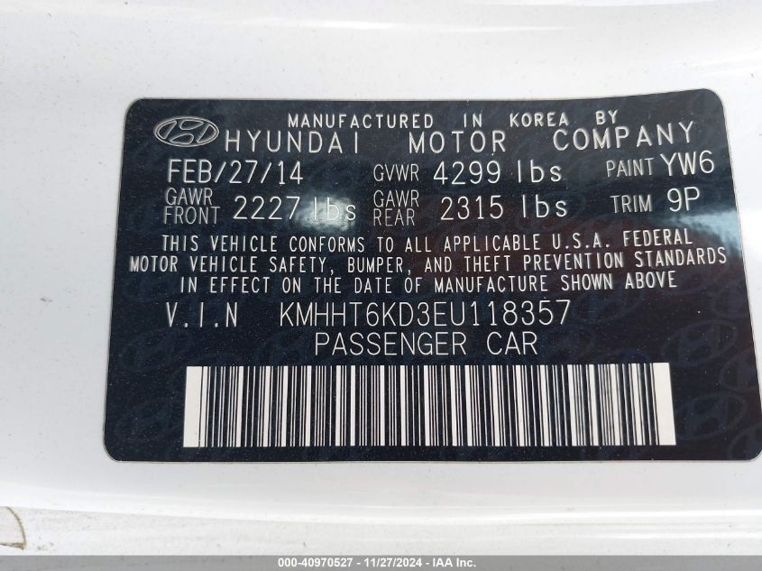 2014 Hyundai Genesis 2.0T R-Spec VIN: KMHHT6KD3EU118357 Lot: 40970527