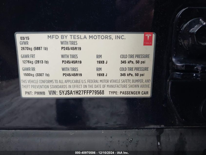 2015 Tesla Model S 70D/85D/P85D VIN: 5YJSA1H27FFP79568 Lot: 40970586