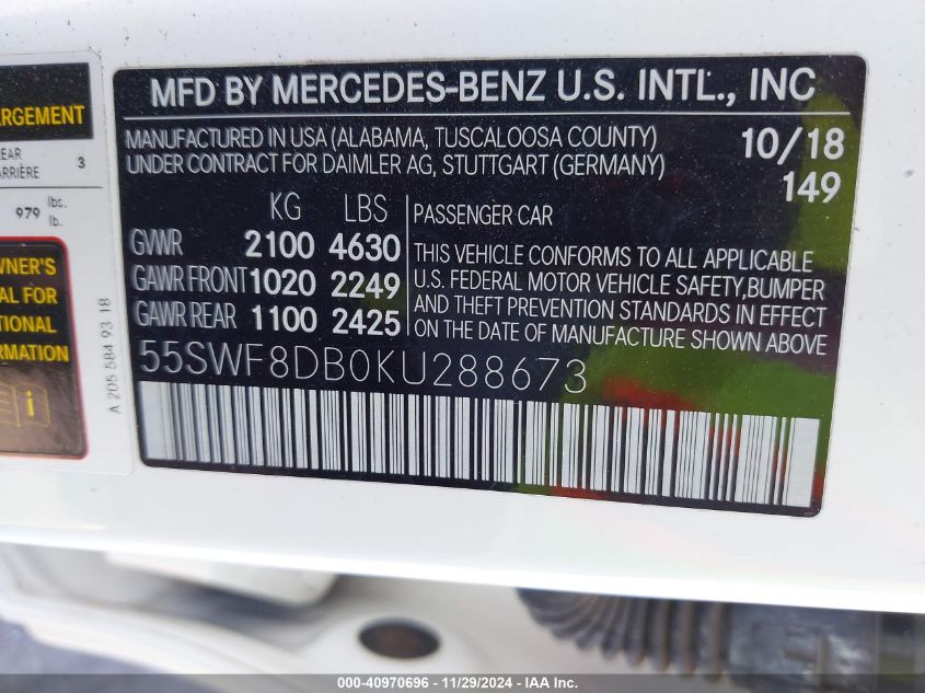 VIN 55SWF8DB0KU288673 2019 Mercedes-Benz C 300 no.9