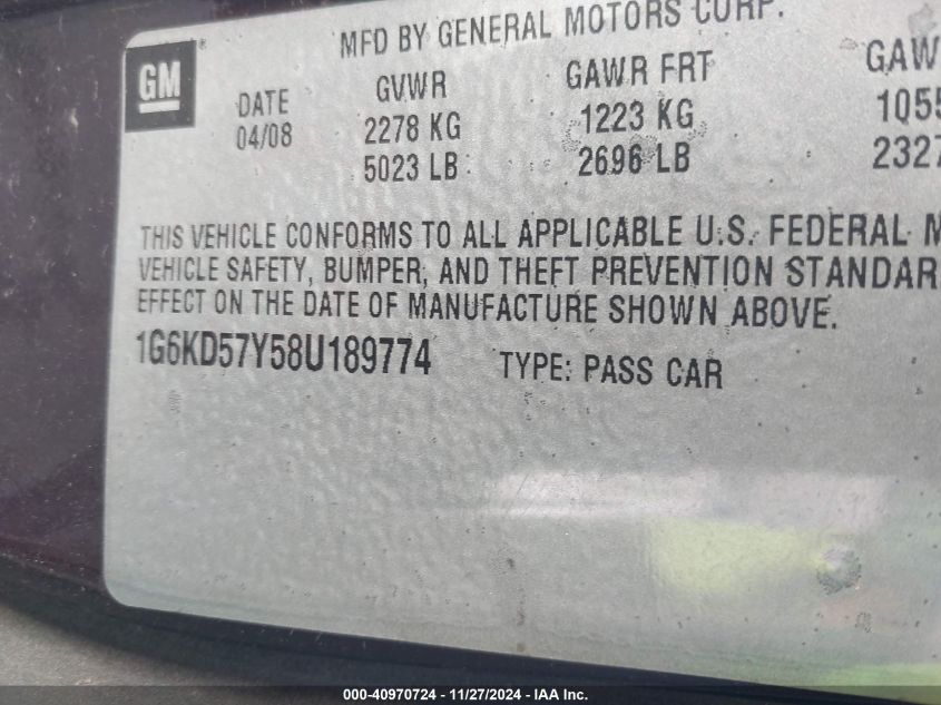 2008 Cadillac Dts VIN: 189774 Lot: 40970724