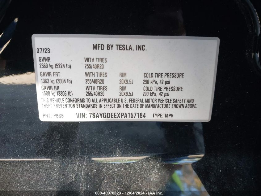 2023 Tesla Model Y Awd/Long Range Dual Motor All-Wheel Drive VIN: 7SAYGDEEXPA157184 Lot: 40970823