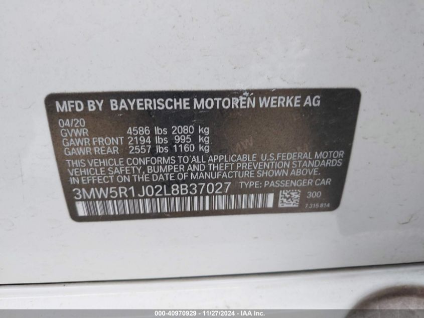 VIN 3MW5R1J02L8B37027 2020 BMW 3 Series, 330I no.9