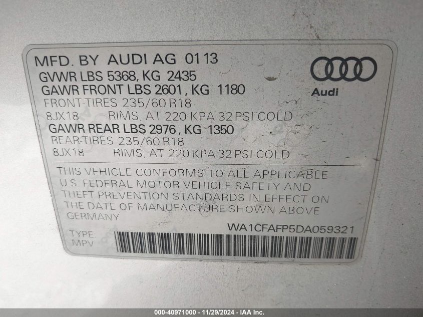 2013 Audi Q5 2.0T Premium VIN: WA1CFAFP5DA059321 Lot: 40971000