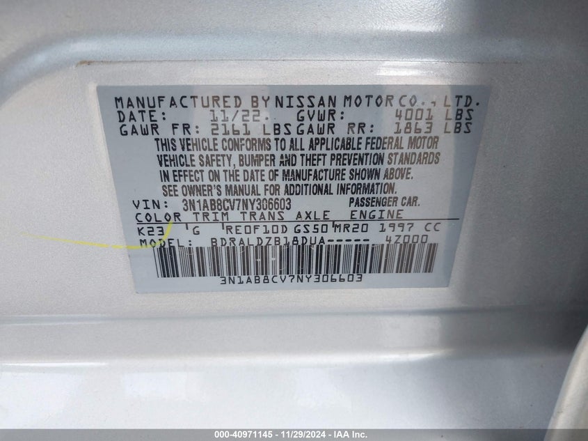 2022 NISSAN SENTRA VIN: 3N1AB8CV7NY306603