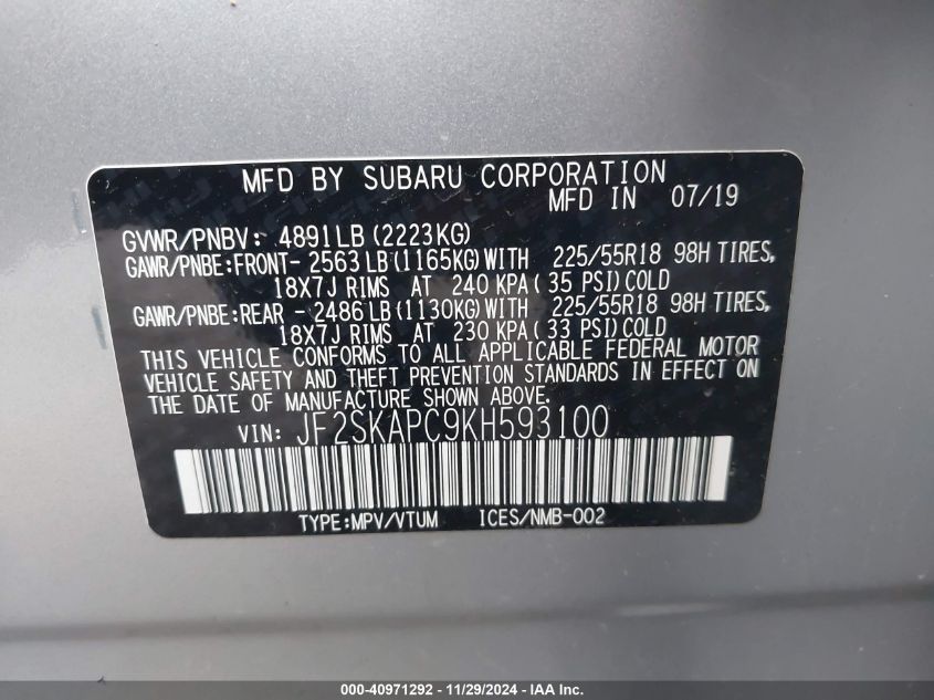 VIN JF2SKAPC9KH593100 2019 Subaru Forester, Sport no.9