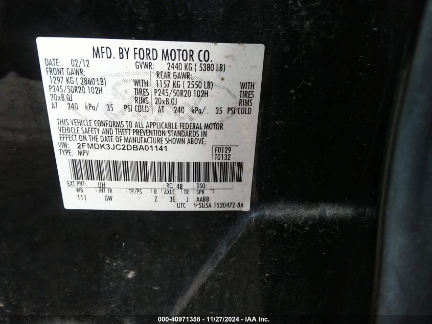 VIN 2FMDK3JC2DBA01141 2013 FORD EDGE no.9