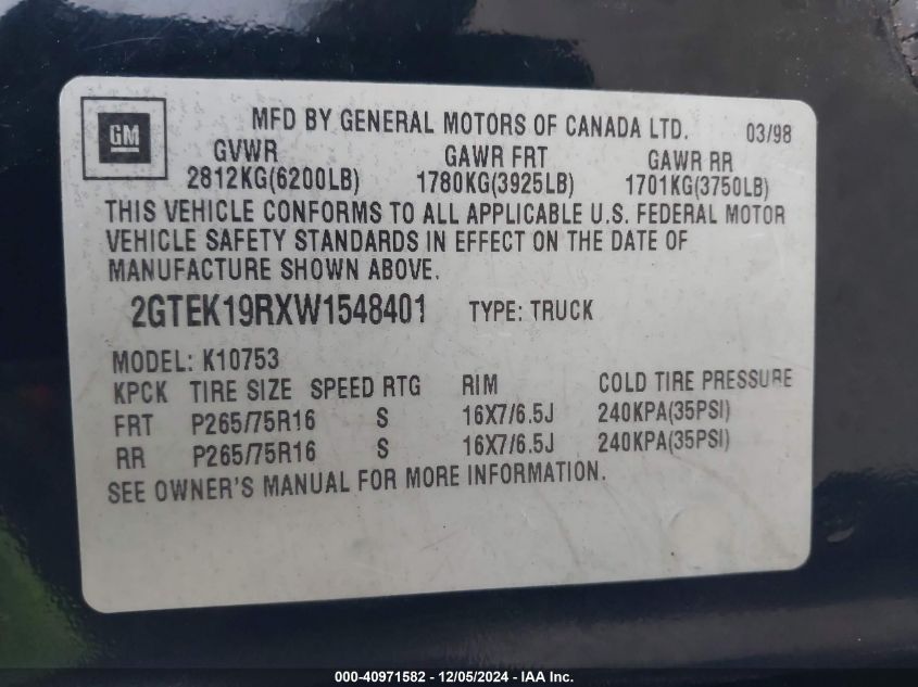 1998 GMC Sierra Sl Wideside/Sle Sportside VIN: 2GTEK19RXW158401 Lot: 40971582