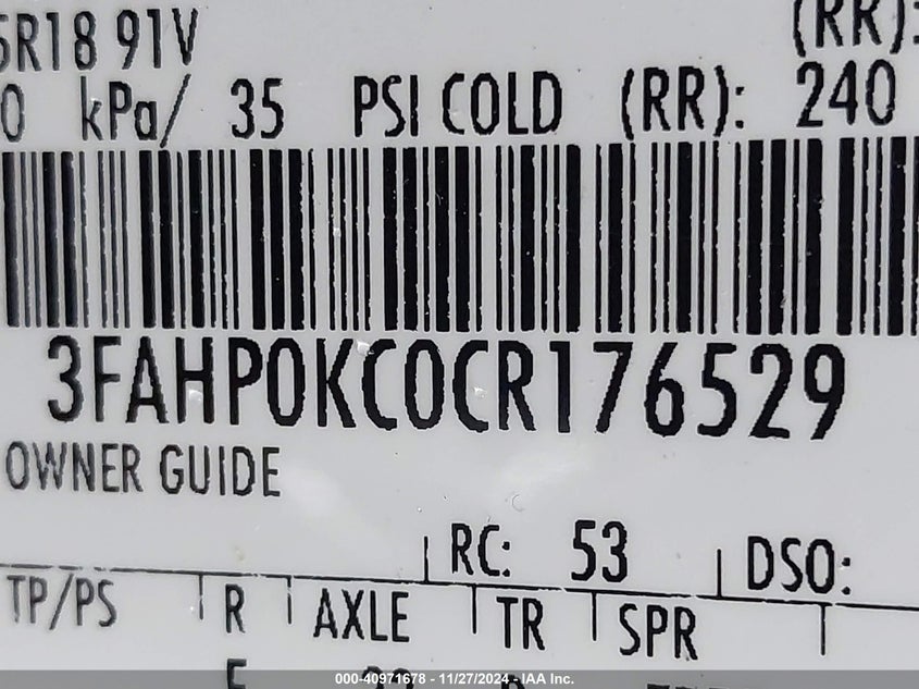 2012 FORD FUSION VIN: 3FAHP0KC0CR176529