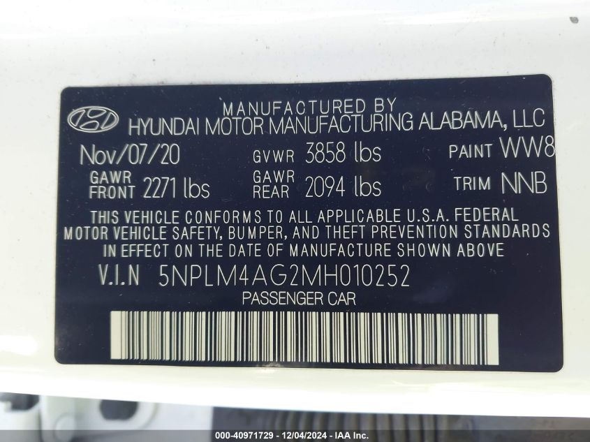 VIN 5NPLM4AG2MH010252 2021 Hyundai Elantra, Sel no.9