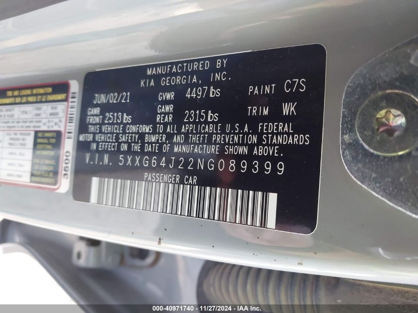 2022 KIA K5 VIN: 5XXG64J22NG089399