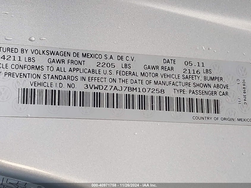 2011 VOLKSWAGEN JETTA VIN: 3VWDZ7AJ7BM107258